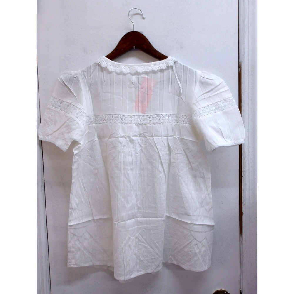 Falechay White Lace Trim Swiss Dot Blouse Short Puff Sleeve Rayon Top M/ #26336 - Picture 5 of 7